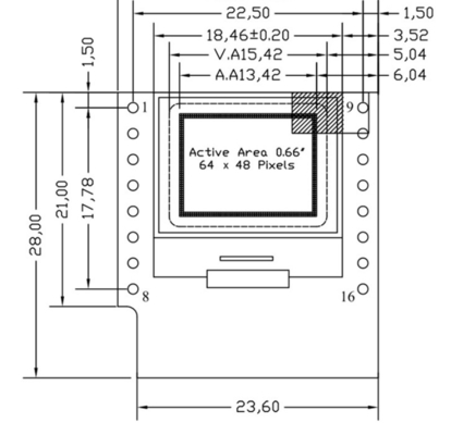 0.66 inch IIC OLED Display 16 pin met 64x48 pixels, witte/blauwe lettertypen Ultra-low power OLED Display